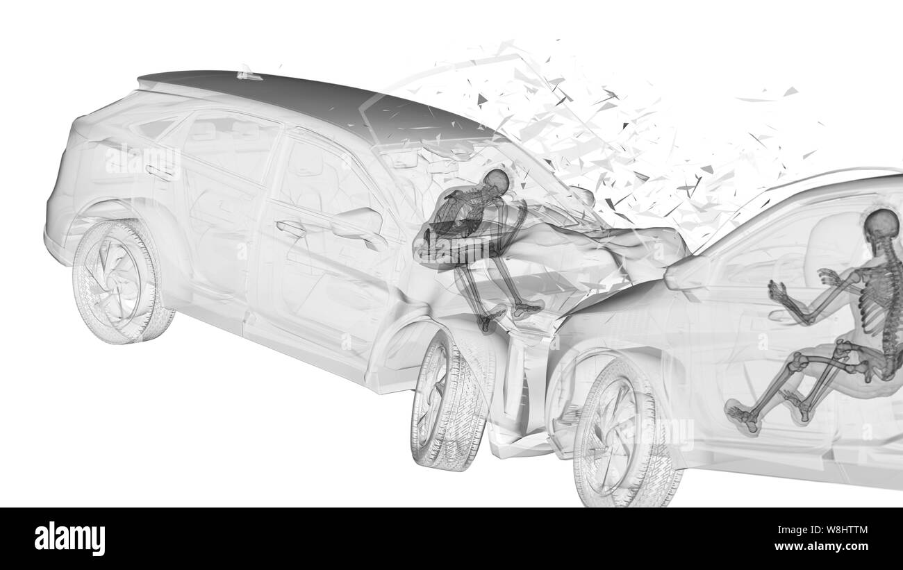 Head-on car crash, computer illustration. Stock Photo