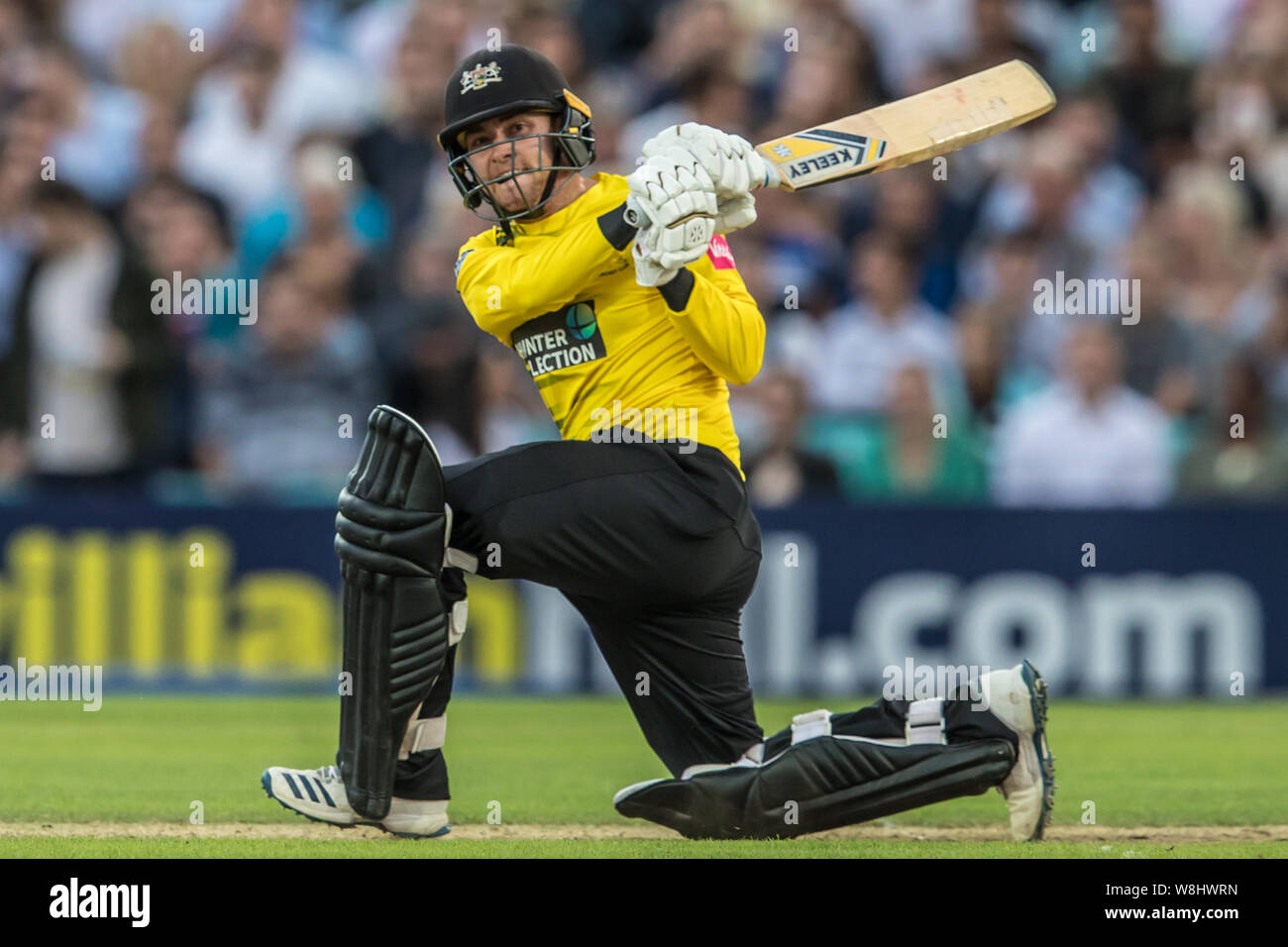 London, UK. 9 August, 2019. Ryan Higgins batting for Gloucestershire against Surrey in the Vitality T20 Blast match at the Kia Oval. David Rowe/Alamy Live News Stock Photo