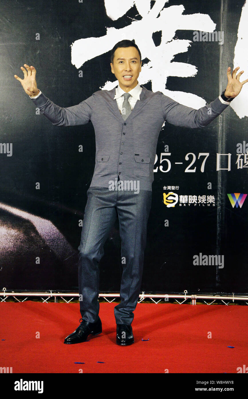 Hong Kong actor Donnie Yen poses during a press conference to promote his movie 'Ip Man 3' in Taipei, Taiwan, 23 December 2015. Stock Photo