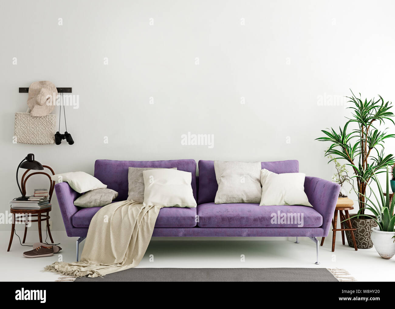 Mock up wall in purple indigo modern interior background, living room, Scandinavian style, 3D render, 3D illustration Stock Photo