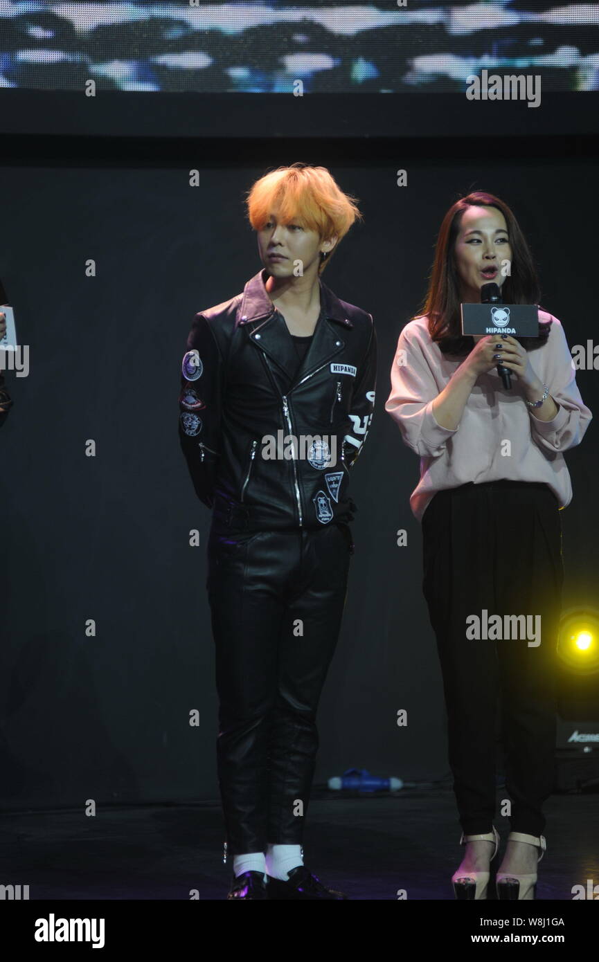 Rapper And Singer Songwriter G Dragon Kwon Ji Yong Left Of South Korean Band Bigbang Or Big Bang Attends A Promotional Event For Fashion Brand Hip Stock Photo Alamy