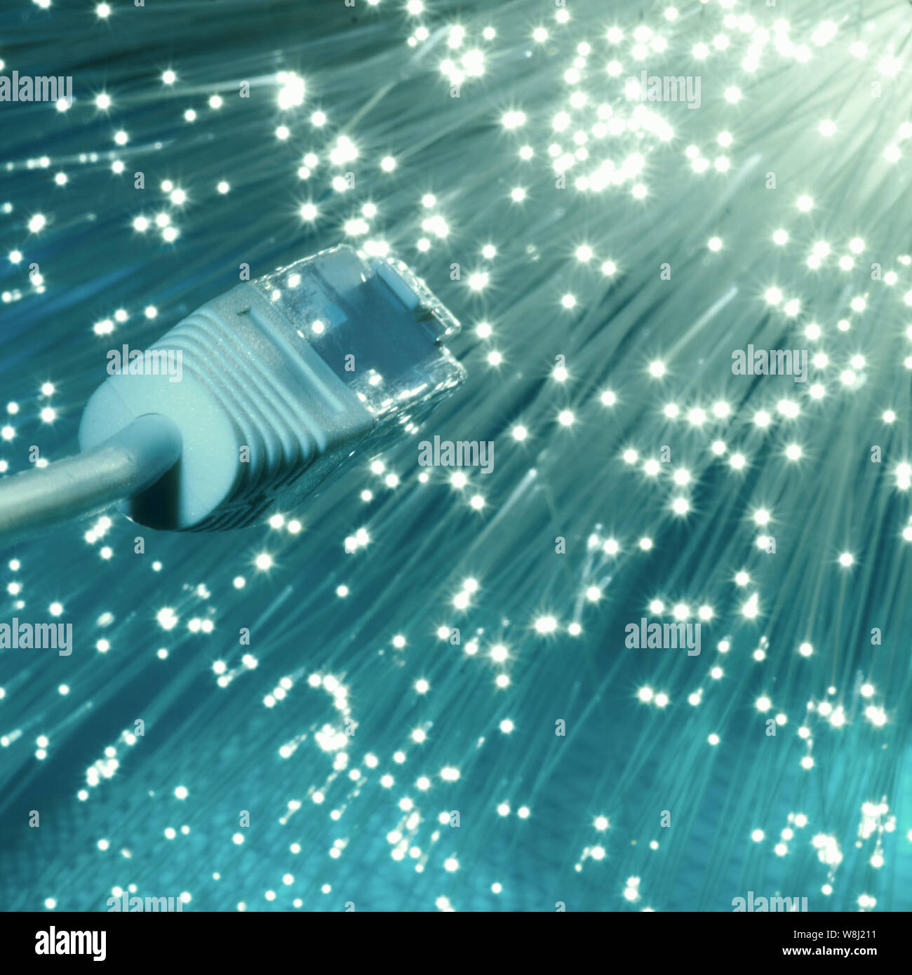 Futuristic technological background, closeup on the end of optical fiber network cable on blue background Stock Photo