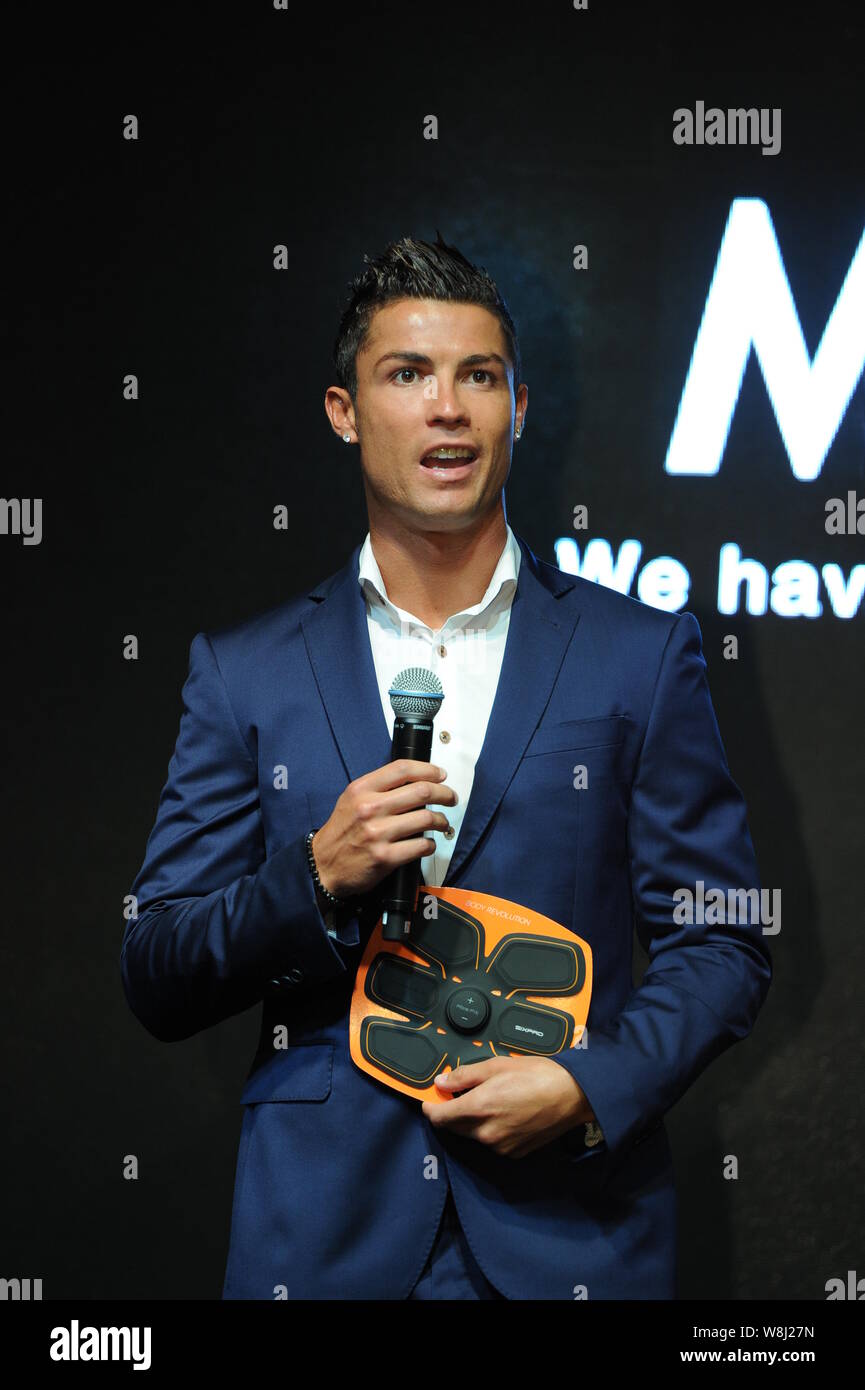Portuguese football superstar Cristiano Ronaldo speaks during a promotional event for MTG Training Gear Sixpad fitness equipment in Shanghai, China, 9 Stock Photo