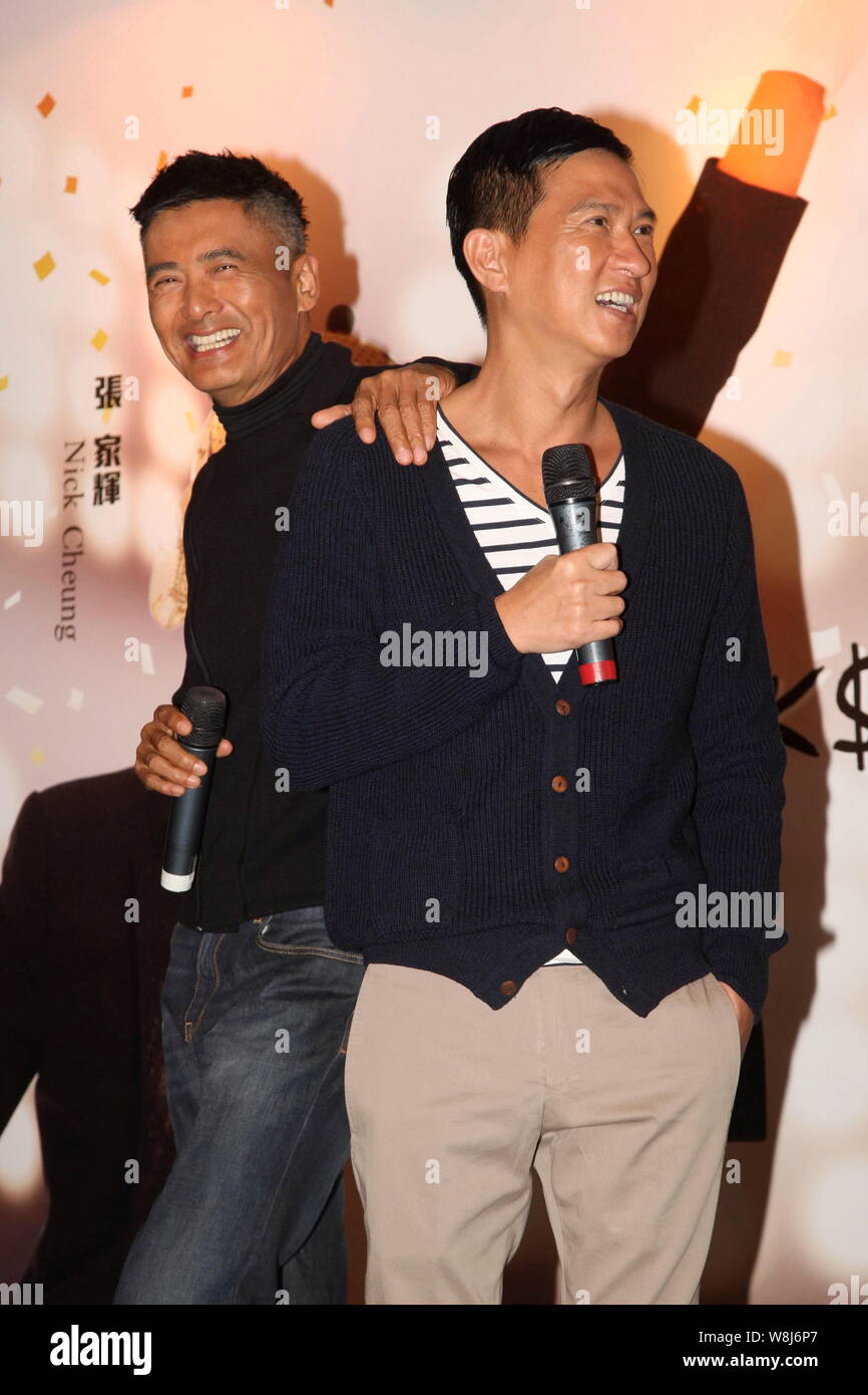 Hong Kong Actors Chow Yun Fat Left And Nick Cheung Pose During The Celebration Party For Their Movie From Vegas To Macau 2 In Hong Kong China 1 Stock Photo Alamy