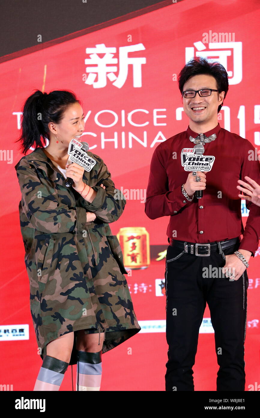 Chinese Singers Na Ying Left And Wang Feng Attend A Press Conference For Season 4 Of Reality Talent Tv Show The Voice Of China In Shanghai China Stock Photo Alamy