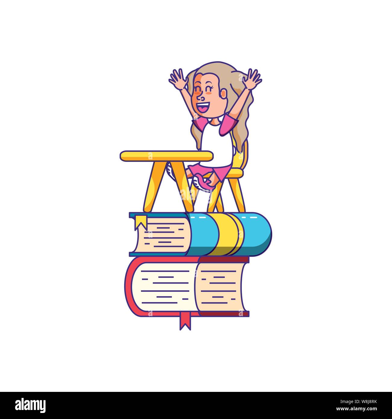 little student girl sitting in school desk with stack books vector ...