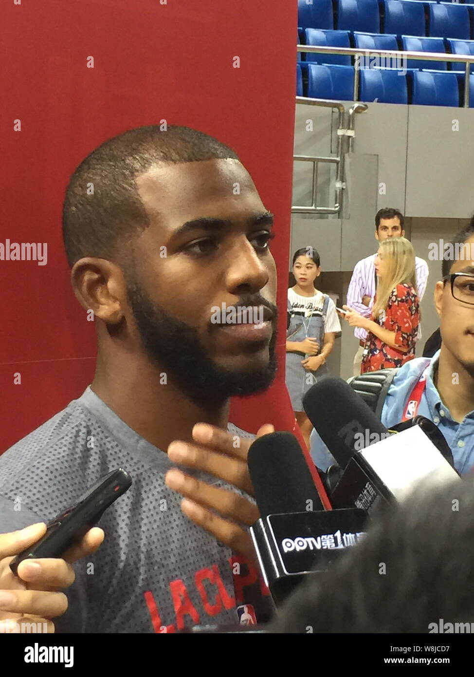 NBA basketball player Chris Paul of the Los Angeles Clippers is interviewed  at the Shenzhen Sports Stadium for a training session ahead of the 2015 NB  Stock Photo - Alamy