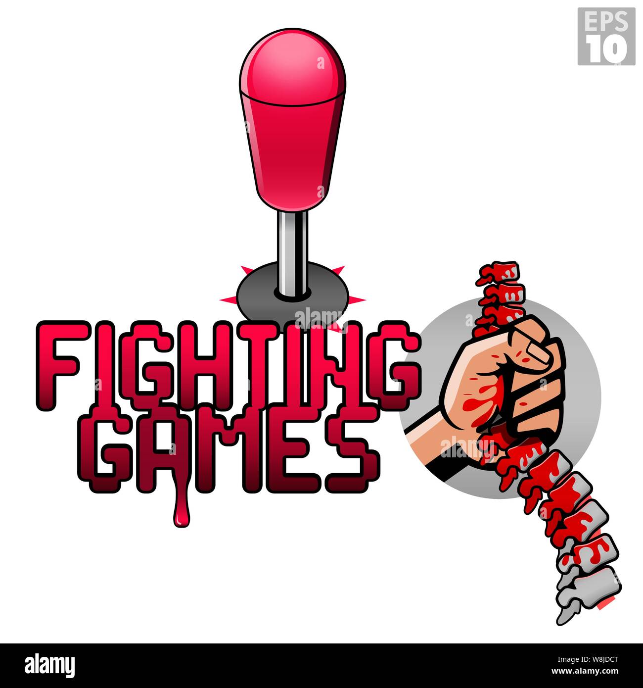 Bloody fist tearing spine off opponent for fighting game genre with red bat top arcade joystick. Stock Vector