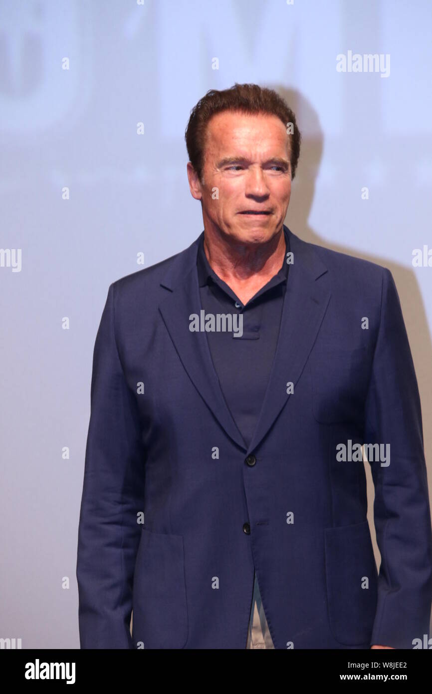American actor Arnold Schwarzenegger poses during a premiere for his ...