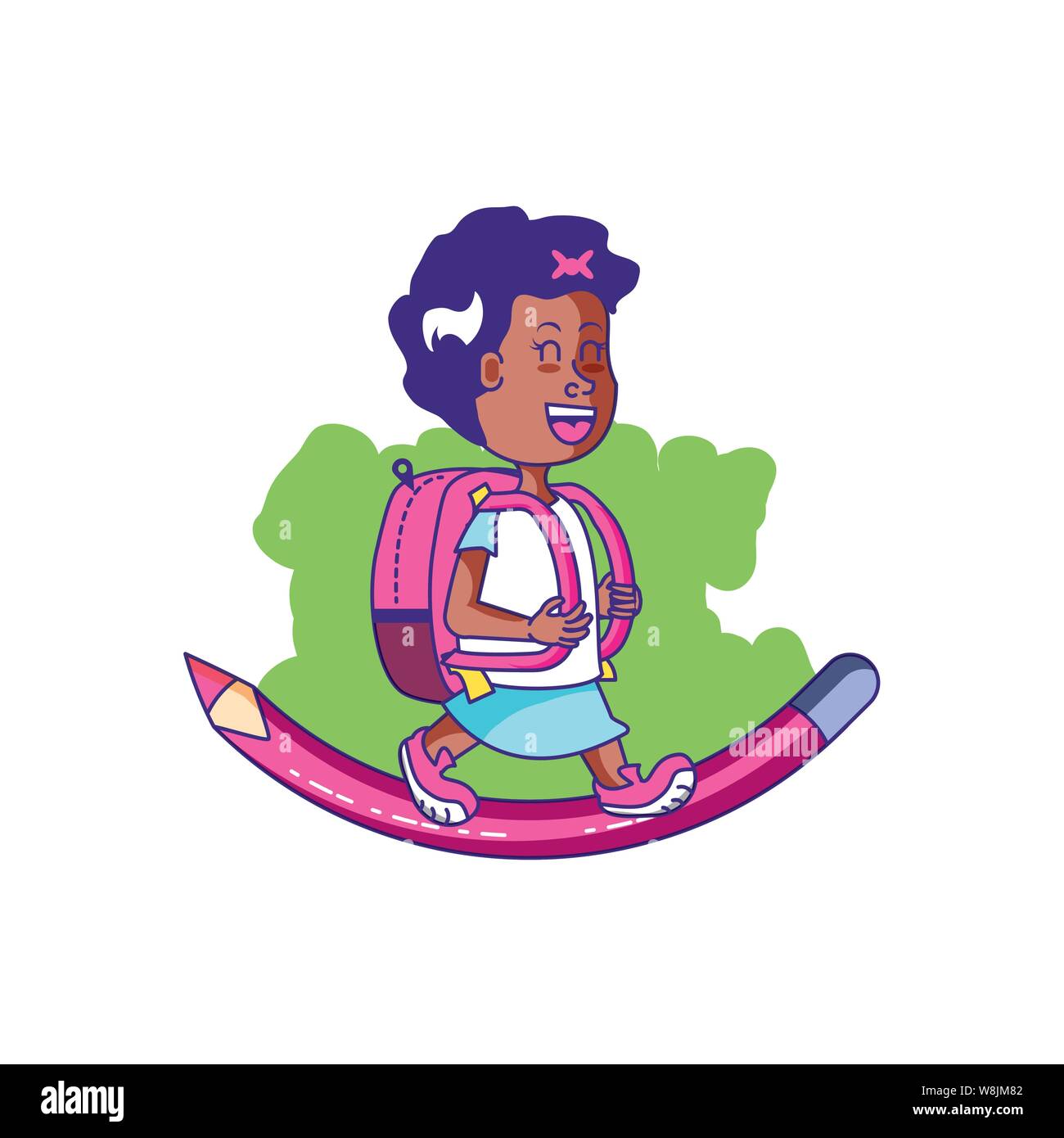 cute little student girl with school bag and pencil color pink vector ...