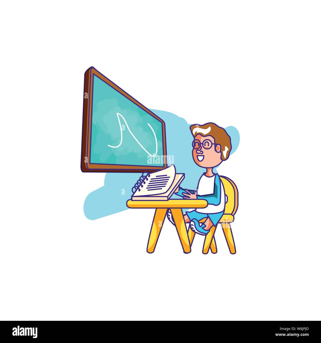 student boy sitting in school desk with board classroom vector ...