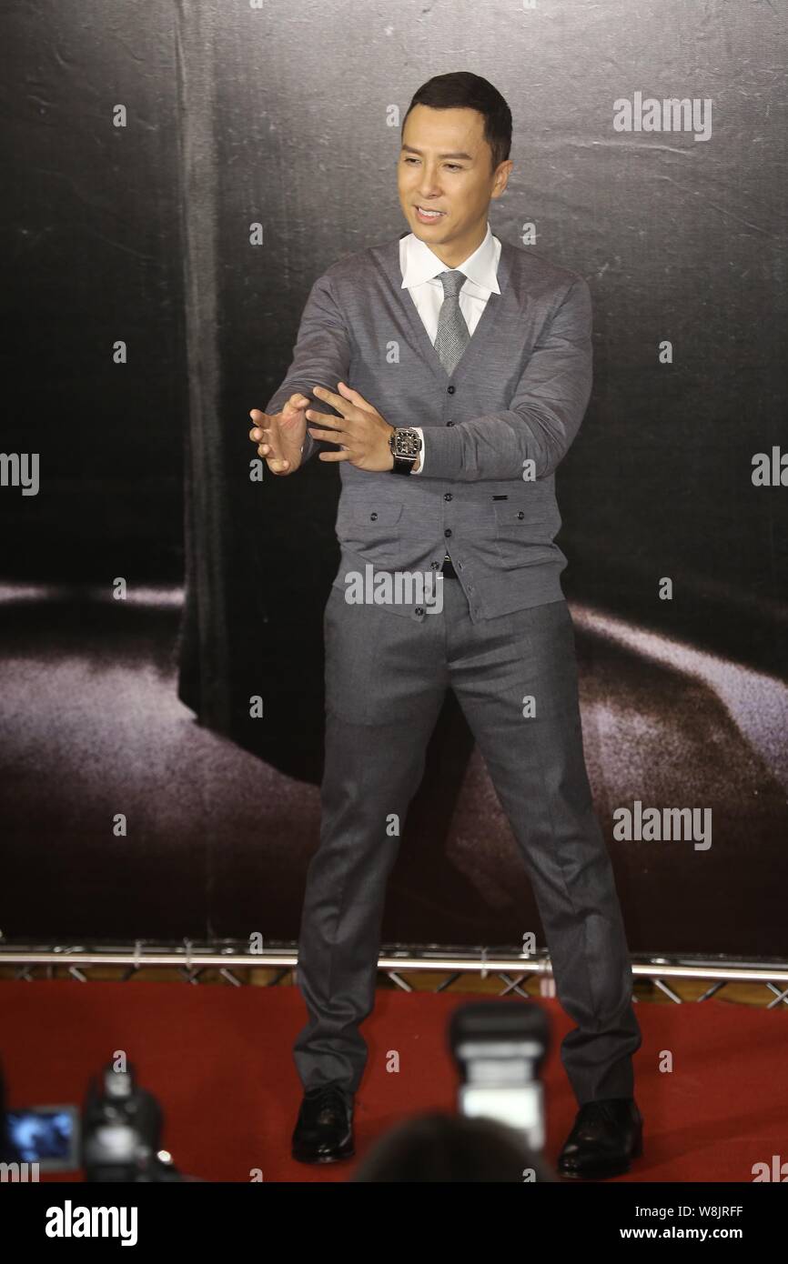 Hong Kong actor Donnie Yen poses during a press conference to promote his movie 'Ip Man 3' in Taipei, Taiwan, 23 December 2015. Stock Photo