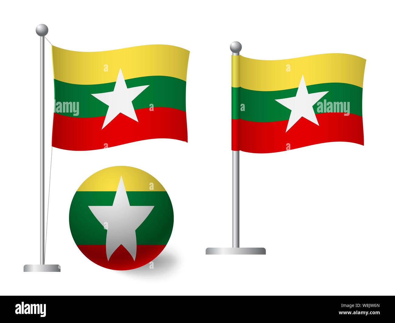 Myanmar flag on pole and ball. Metal flagpole. National flag of Myanmar ...