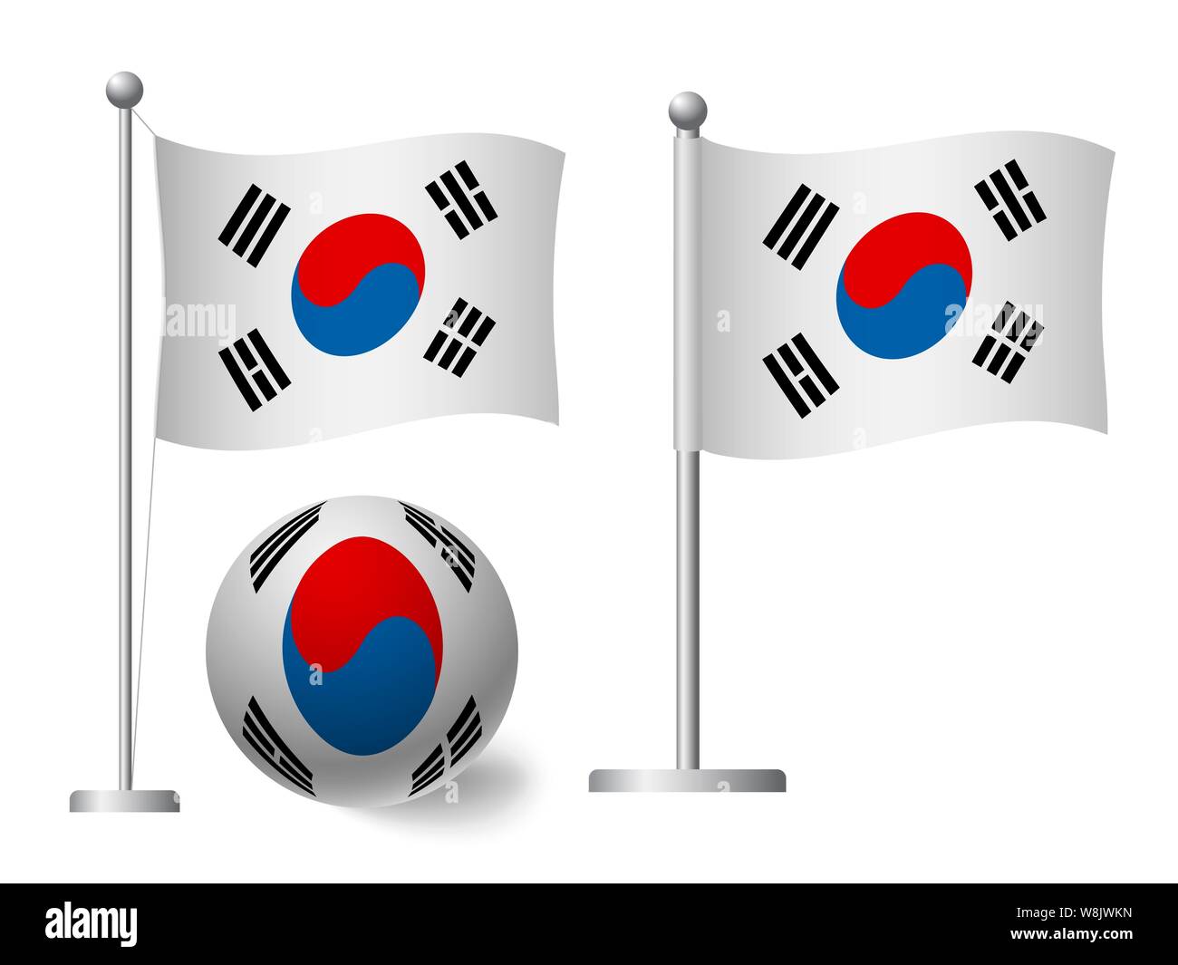 South korea flag on pole and ball. Metal flagpole. National flag of