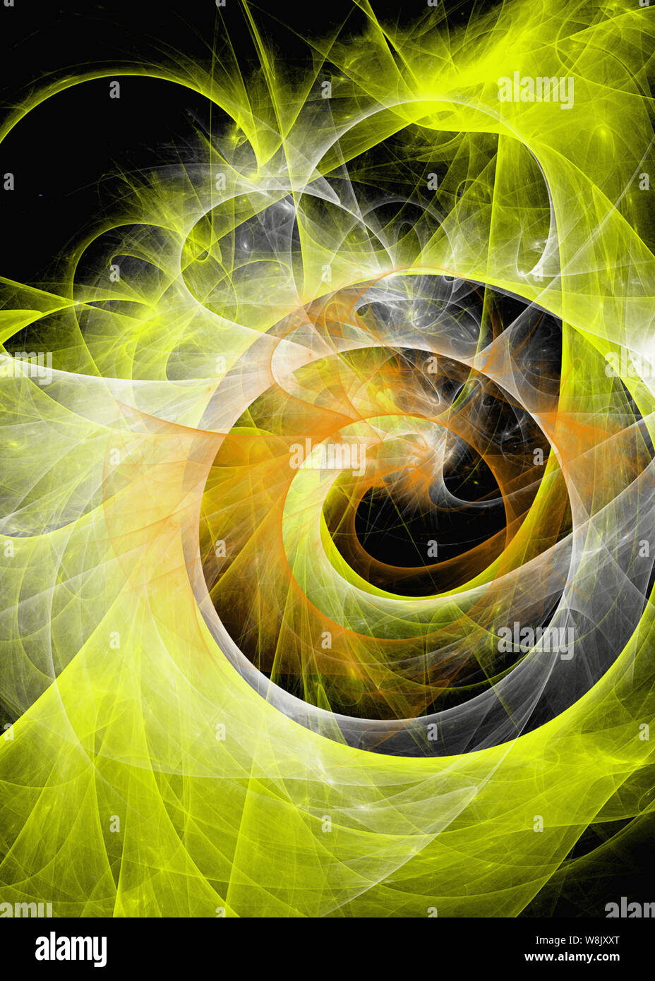 yellow flame swirl whirlpool vortex design on black Stock Photo