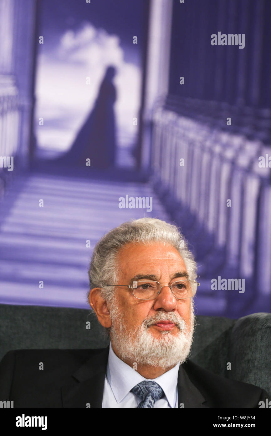 Spanish tenor and conductor Placido Domingo attends a press conference for the opera 'Simon Boccanegra' in Beijing, China, 18 August 2015. Stock Photo