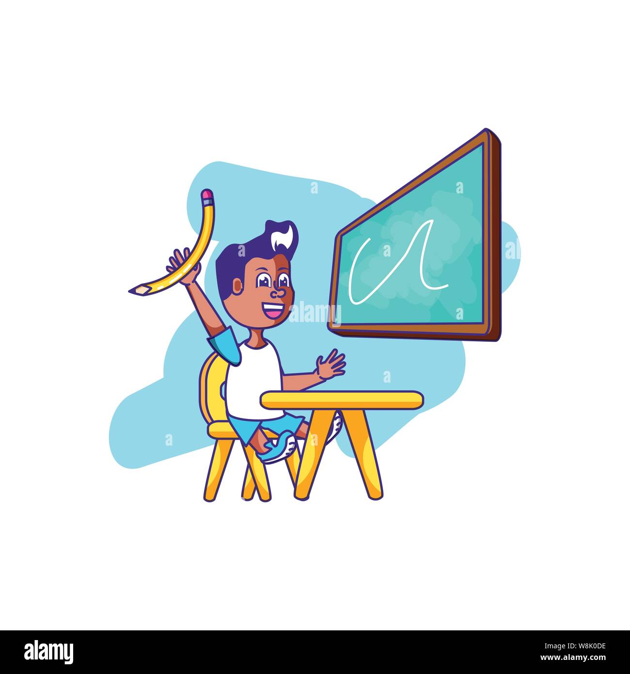 student boy sitting in school desk with board classroom vector ...