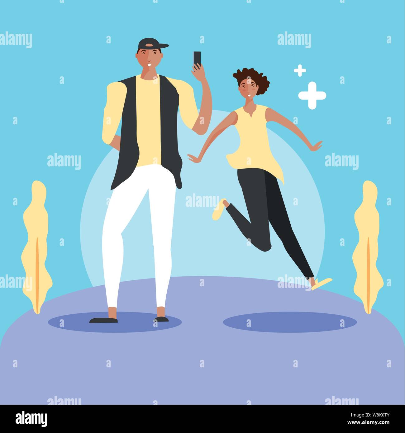 young couple with smartphone in landscape vector illustration design Stock Vector