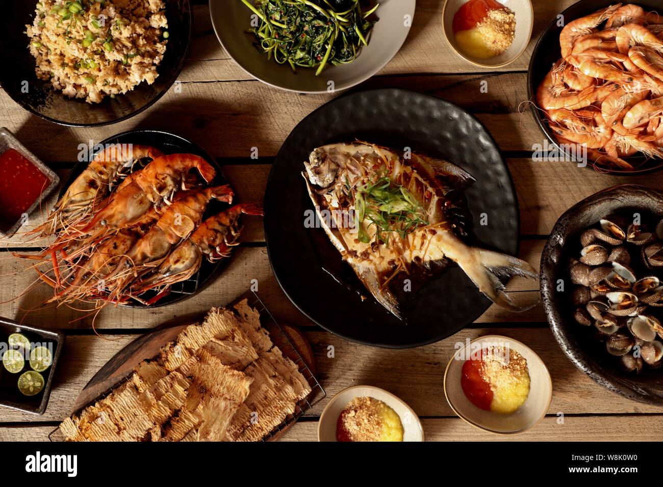 Asian Seafood Dinner. Assorted seafood dishes prepared in Peranakan