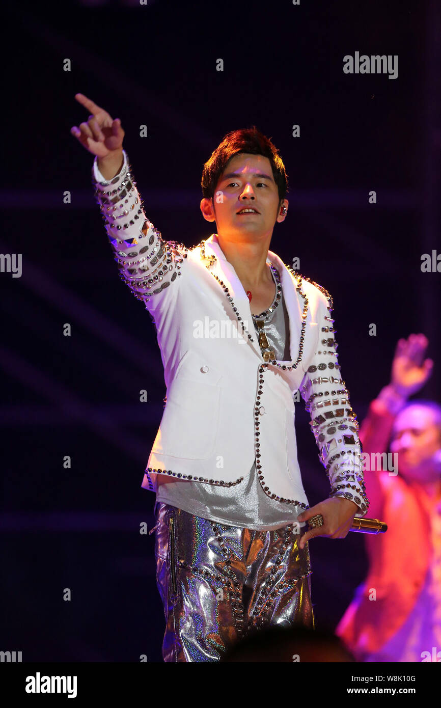 Taiwanese singer Jay Chou performs at the Tianjin concert during his 'Opus 2 Jay 2015 World Tour' in Tianjin, China, 25 April 2015. Stock Photo