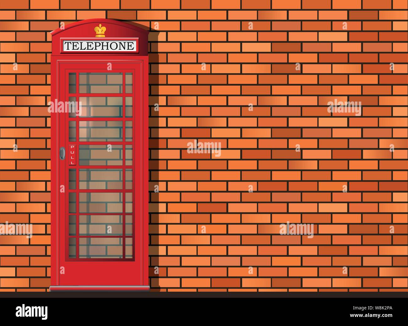 Traditional red London telephone box in front of brick wall, detailed vector with depth Stock Vector