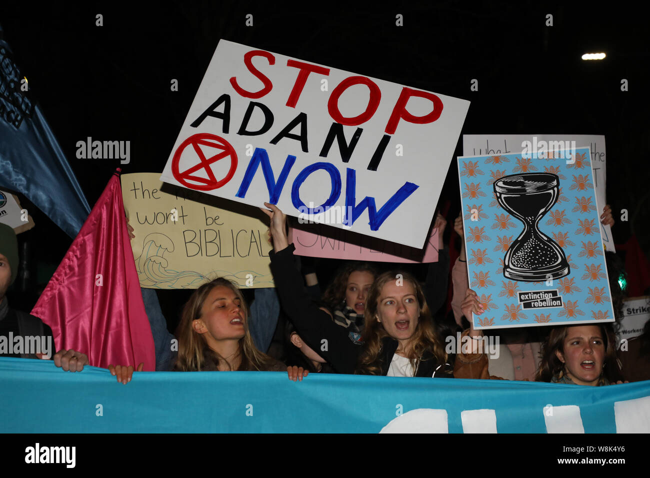 Sydney, Australia. 9th August July 2019. Uni Students for Climate Justice and Extinction Rebellion held a protest outside Sydney Town Hall and then marched to the NSW Parliament where they held a sit down protest before being moved back to Martin Place. Credit: Richard Milnes/Alamy Live News Stock Photo