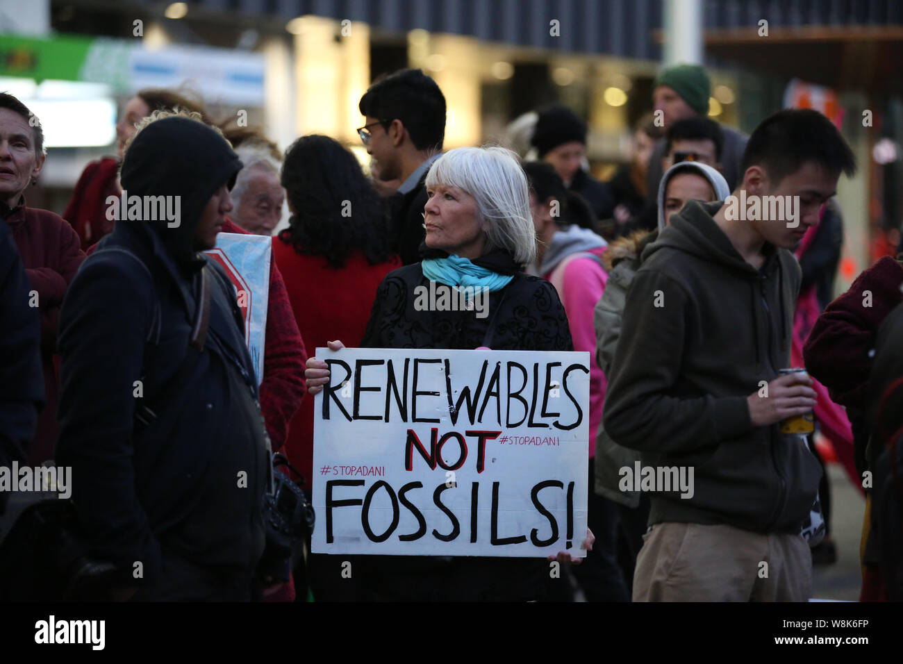 Sydney, Australia. 9th August July 2019. Uni Students for Climate Justice and Extinction Rebellion held a protest outside Sydney Town Hall and then marched to the NSW Parliament where they held a sit down protest before being moved back to Martin Place. Credit: Richard Milnes/Alamy Live News Stock Photo