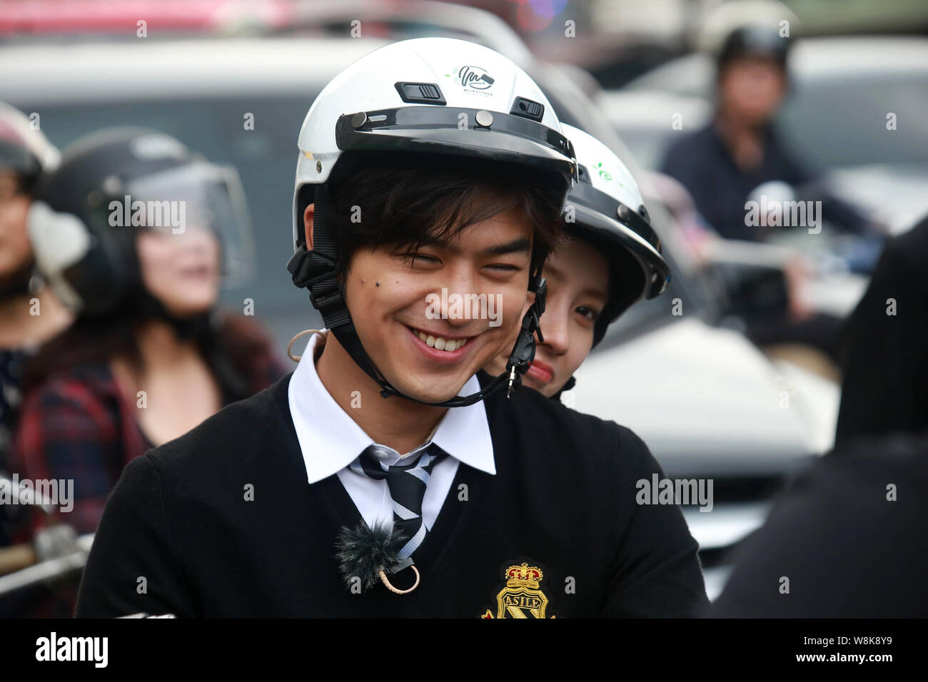 Taiwanese Actor Bolin Chen, Front, And South Korean Actress Cheon Seong-Im,  Better Known By Her Stage Name Song Ji-Hyo, Ride A Scooter During A Filmin  Stock Photo - Alamy