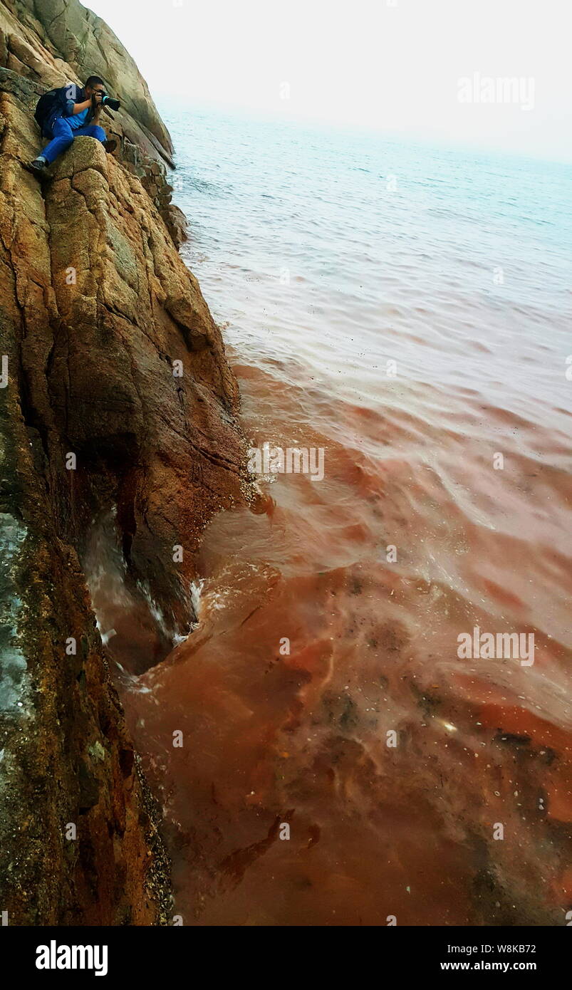 View of 'red tide' causing an algal bloom of noctiluca scintillans, also known as 'sea sparkle', near Dapeng Bay in Shenzhen city, South China's Guang Stock Photo