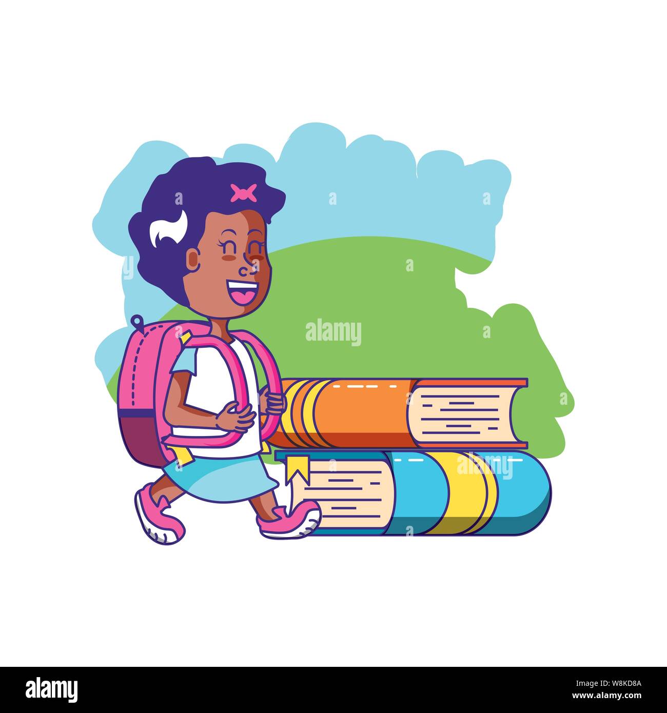 cute little student girl with school bag and stack books vector ...