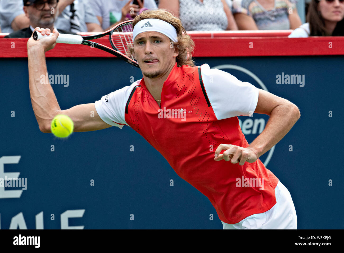 Montreal, Canada. 9th Aug, 2019. Alexander Zverev of Germany returns the  ball during the men's singles quarterfinal match between Karen Khachanov of  Russia and Alexander Zverev of Germany at the 2019 Rogers