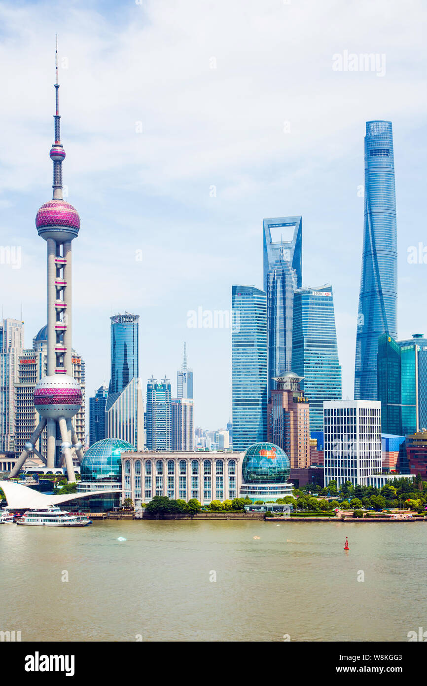 --FILE--Cityscape of the Lujiazui Financial District with the Shanghai Tower, right, the Shanghai World Financial Center (SWFC), back second right, Ji Stock Photo