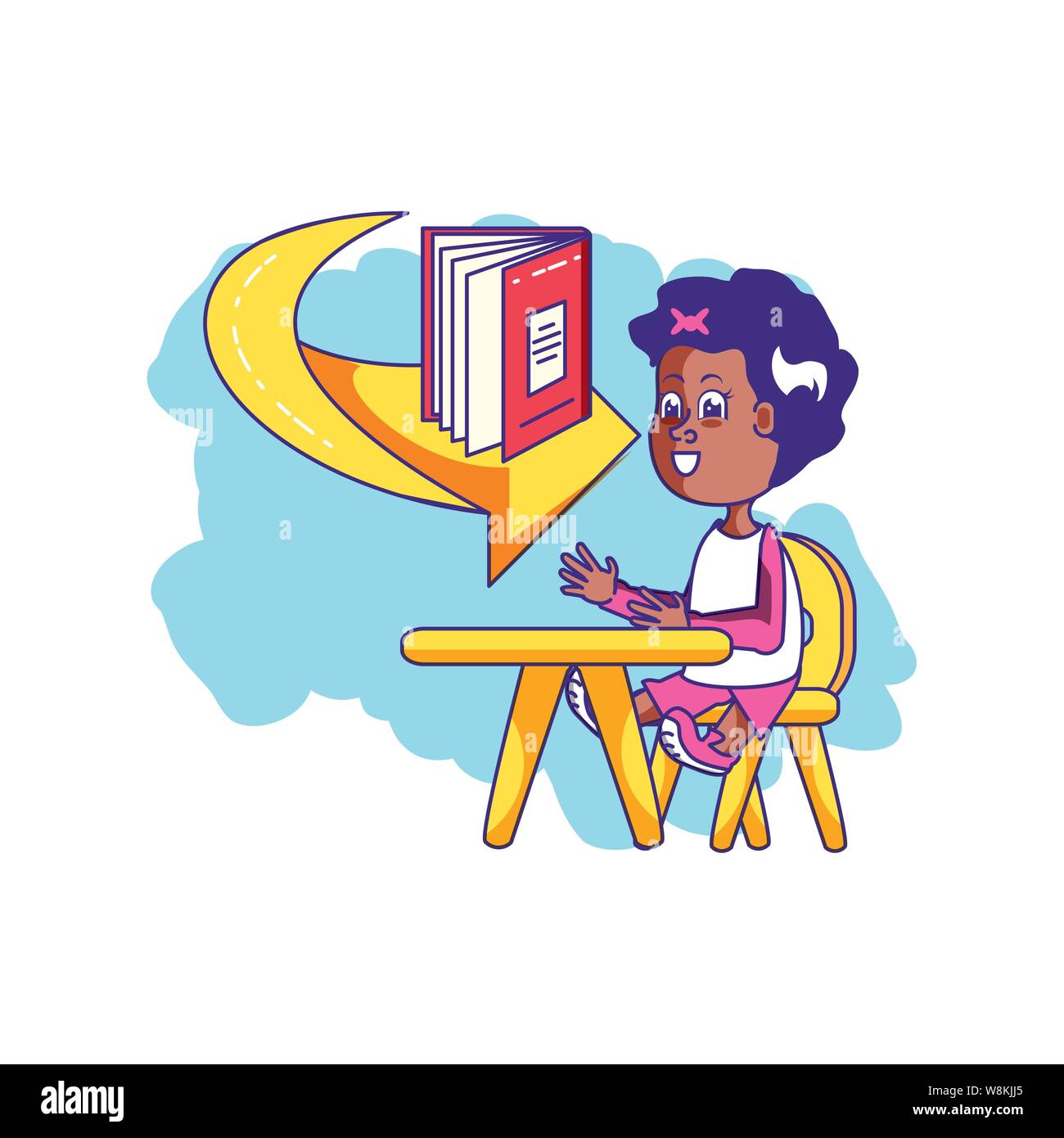 little student girl sitting in school desk with book and arrow vector ...