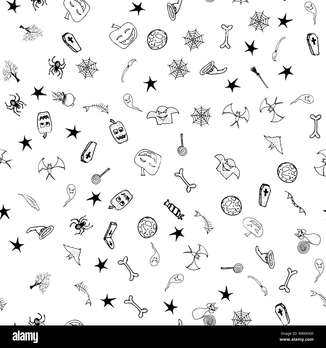 Halloween doodle seamless pattern set isolated on white background ...