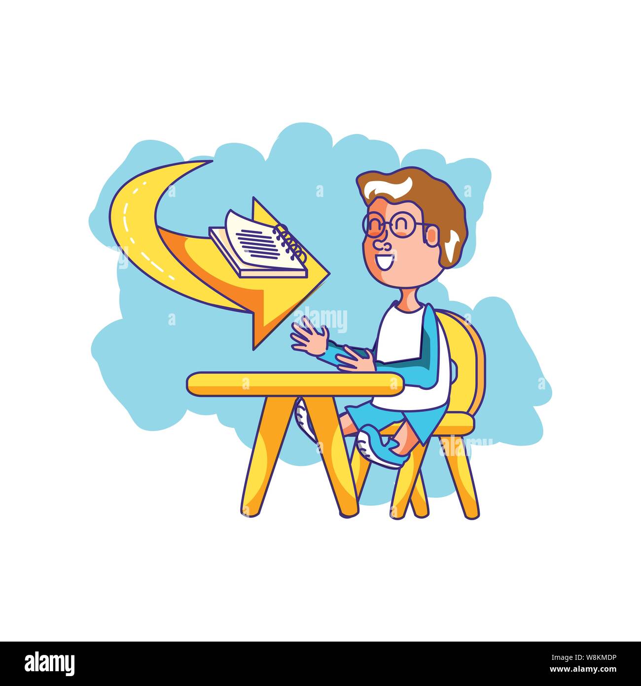 Little Student Boy Sitting In School Desk With Book And Arrow
