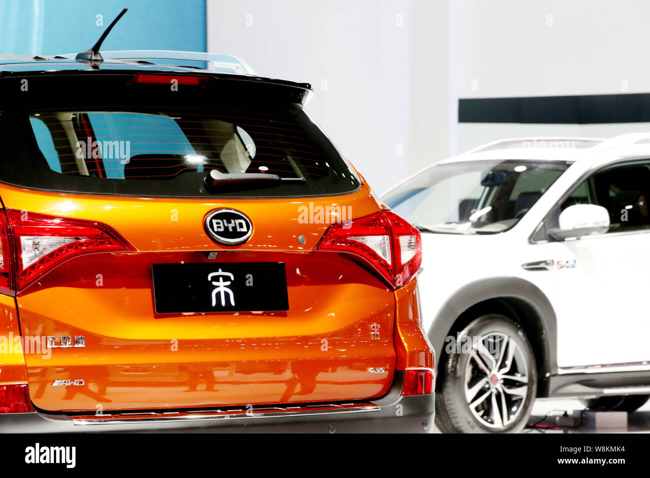 --FILE--BYD Song plug-in hybrid cars are on display during the 16th Shanghai International Automobile Industry Exhibition, also known as Auto Shanghai Stock Photo