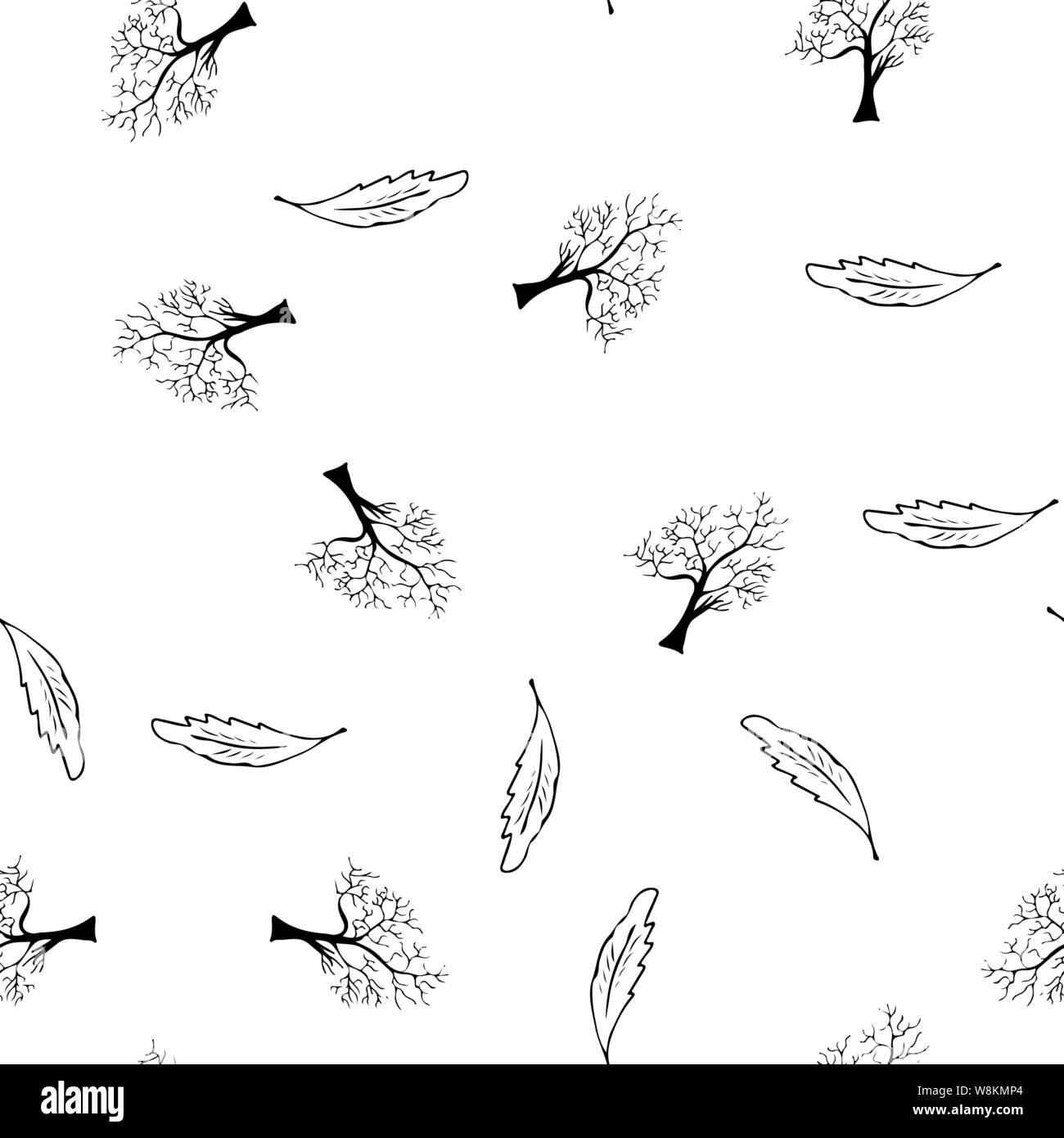 Hand drawn a seamless pattern of engraved oak leaves and trees isolated ...