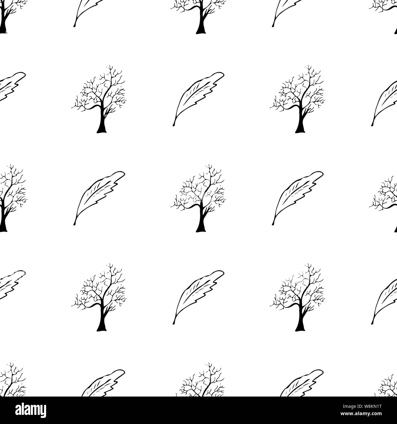 Hand drawn a seamless pattern of engraved oak leaves and trees isolated ...