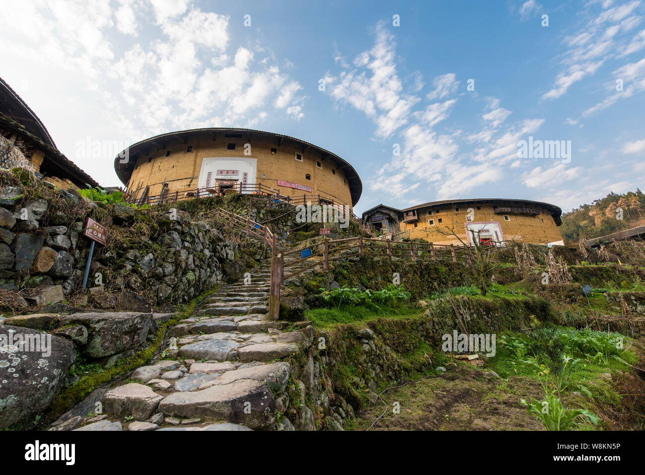 View of Chuxi Tulou Cluster or earthen buildings in Chuxi village, Xiayang Town, Yongding county, southeast China's Fujian province, 5 March 2016.   C Stock Photo