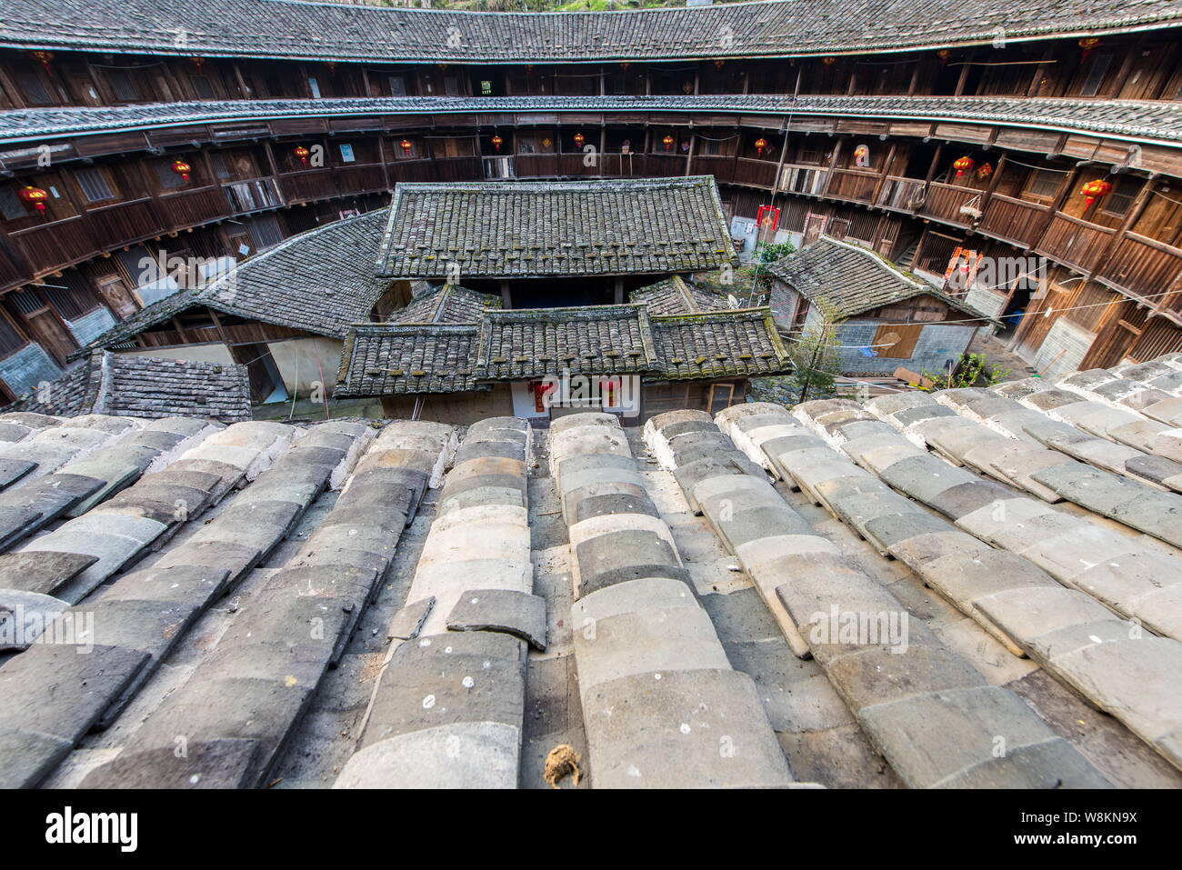 Interior view of Chuxi Tulou or an earthen building in Chuxi village, Xiayang Town, Yongding county, southeast China's Fujian province, 5 March 2016. Stock Photo