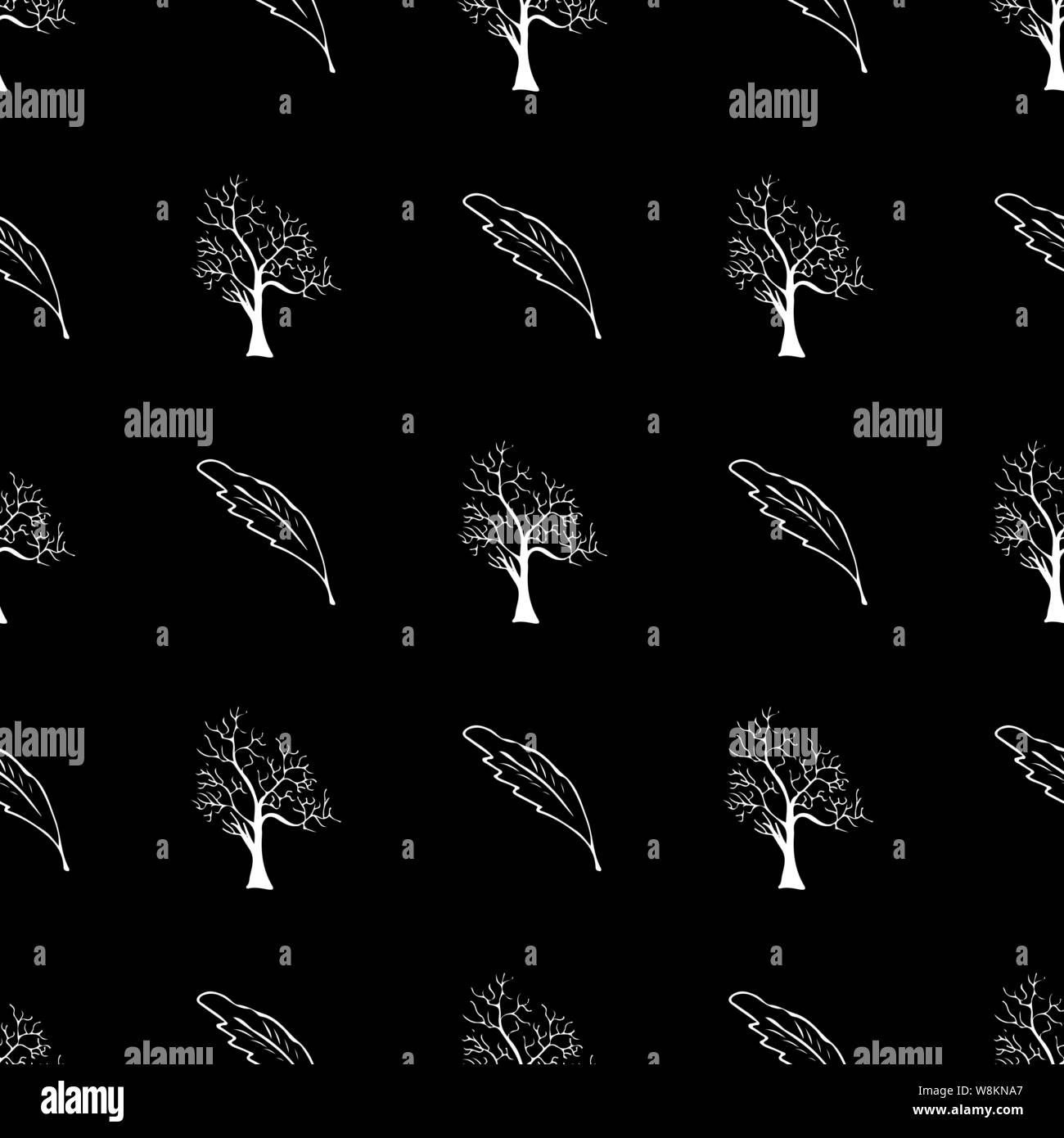 Hand drawn a seamless pattern of engraved oak leaves and trees isolated ...