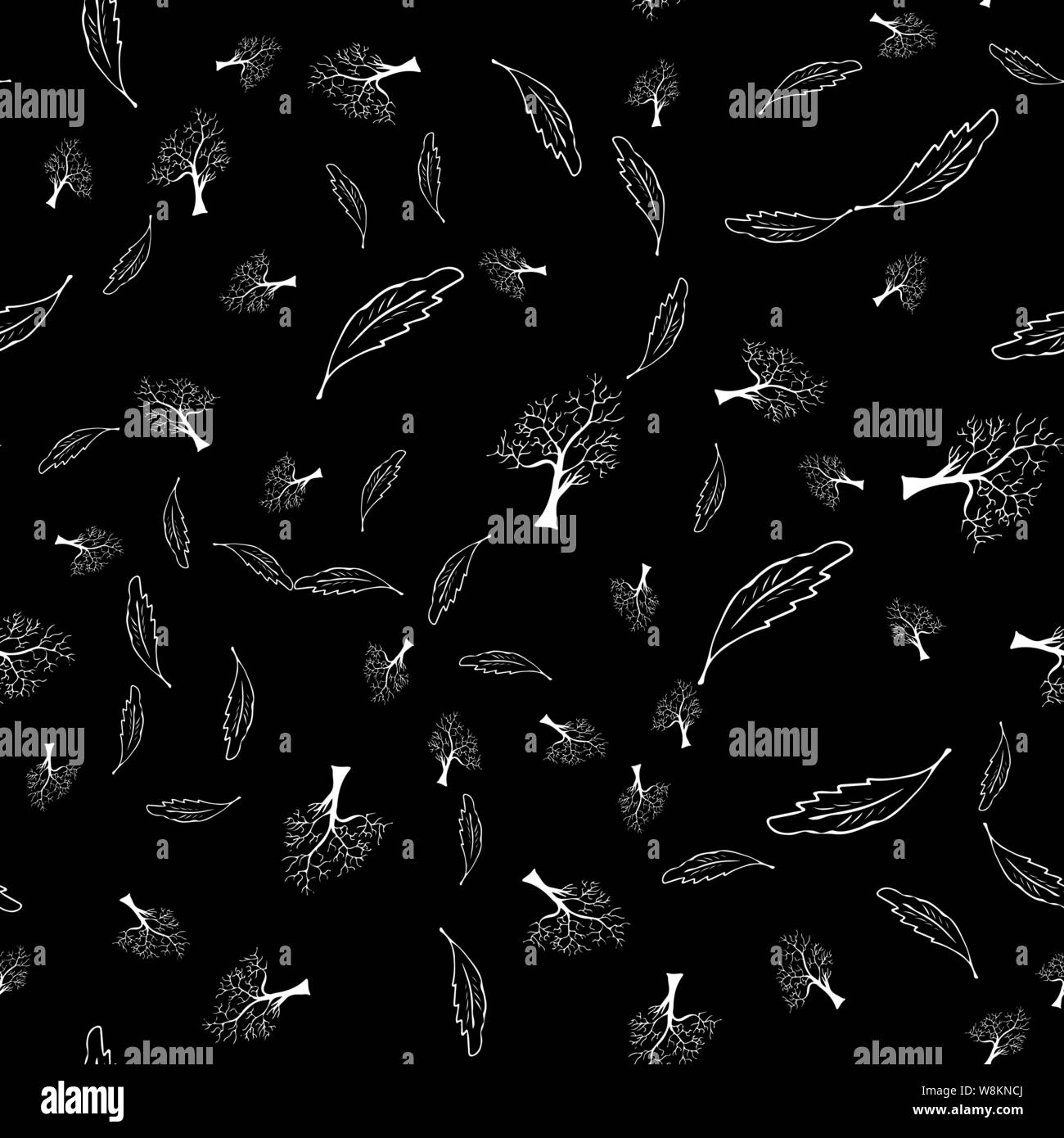 Hand drawn a seamless pattern of engraved oak leaves and trees isolated ...