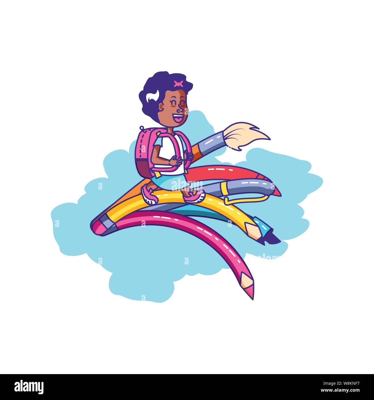 cute little student girl with school bag and set of pencils vector ...
