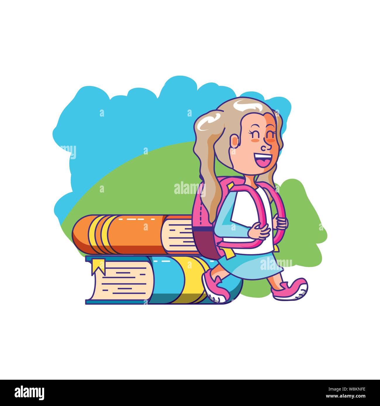 cute little student girl with school bag and stack books vector ...
