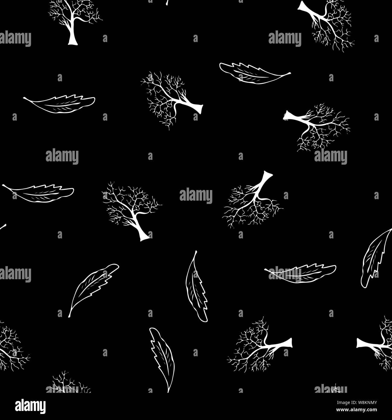 Hand drawn a seamless pattern of engraved oak leaves and trees isolated ...