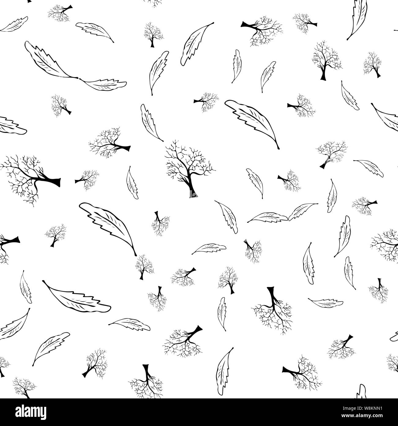Hand drawn a seamless pattern of engraved oak leaves and trees isolated ...