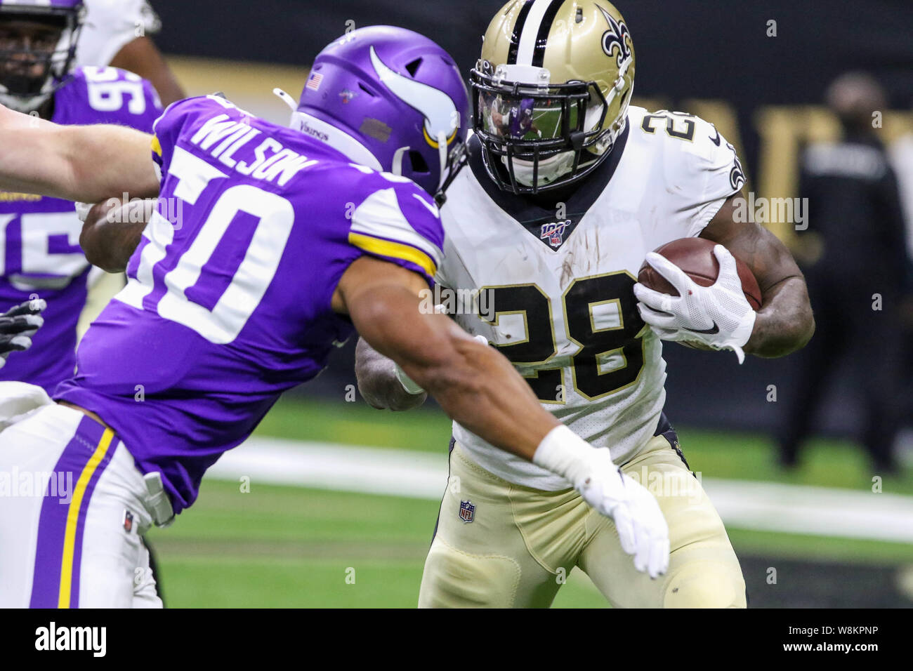 Minnesota Vikings linebacker Eric Wilson (50) waits for a new quarter to  start during an NFL football game against the Dallas Cowboys, Sunday, Nov.  22, 2020, in Minneapolis. (AP Photo/Jim Mone Stock