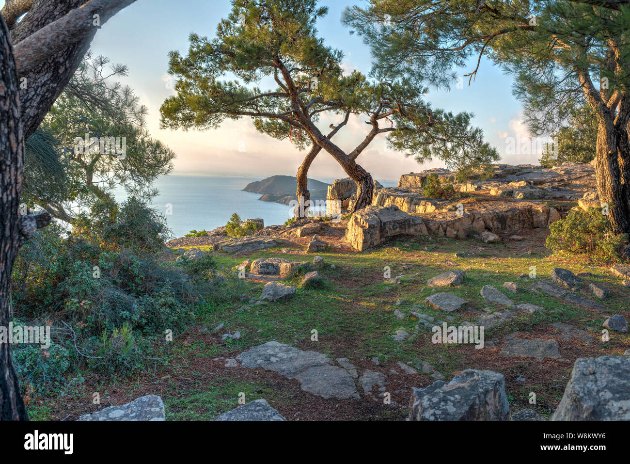 View of the Marmara sea and Heybeli island from a hill on Buyukada Turkey Stock Photo