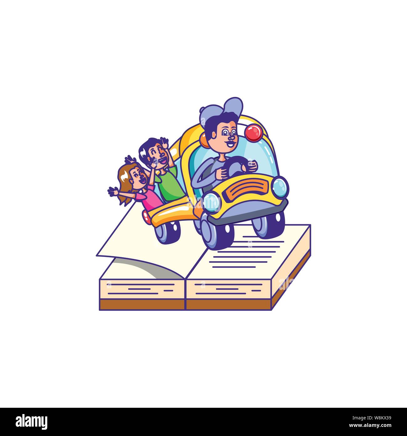 bus school with driver and students in book open vector illustration ...