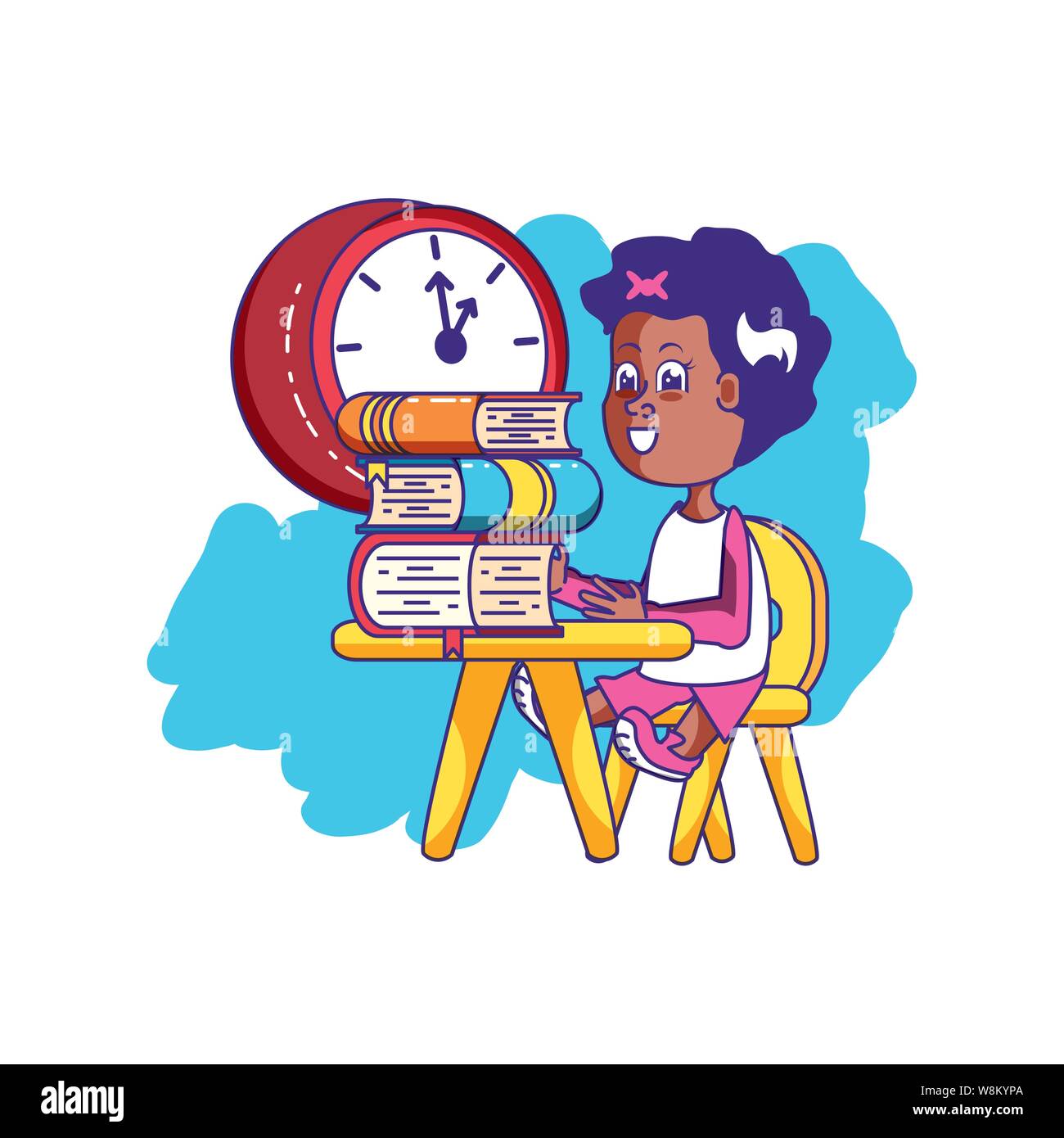 little student girl sitting in school desk with books and clock vector ...
